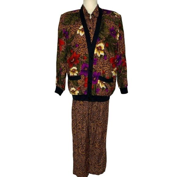 Vintage 90s Jumpsuit Jacket Set 10 Petite Leopard Jungle Floral - Picture 2 of 10